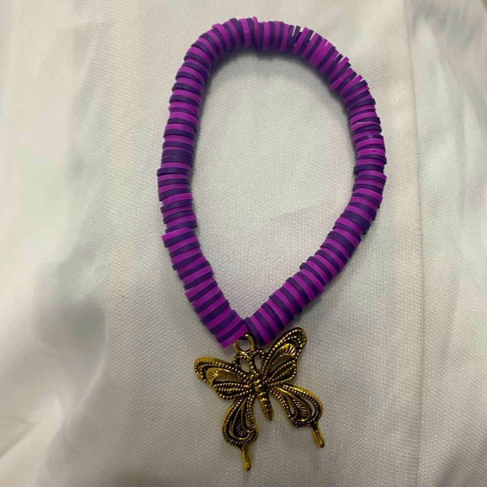 *Handmade Customized Heishi Polymer Purple Clay Bead Pearl Stretchy  Bracelet